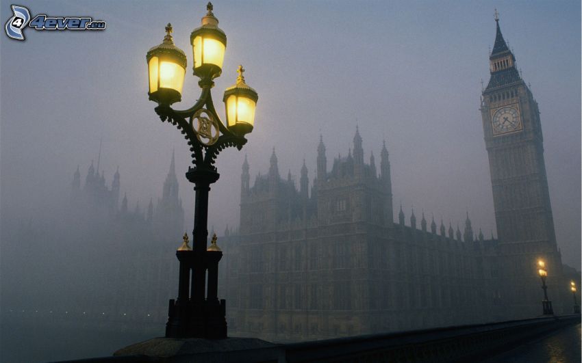 Big Ben, Londres, Angleterre, lampe, brouillard