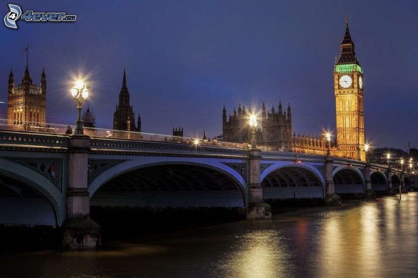 Big Ben, Londres, pont, nuit, lampadaires