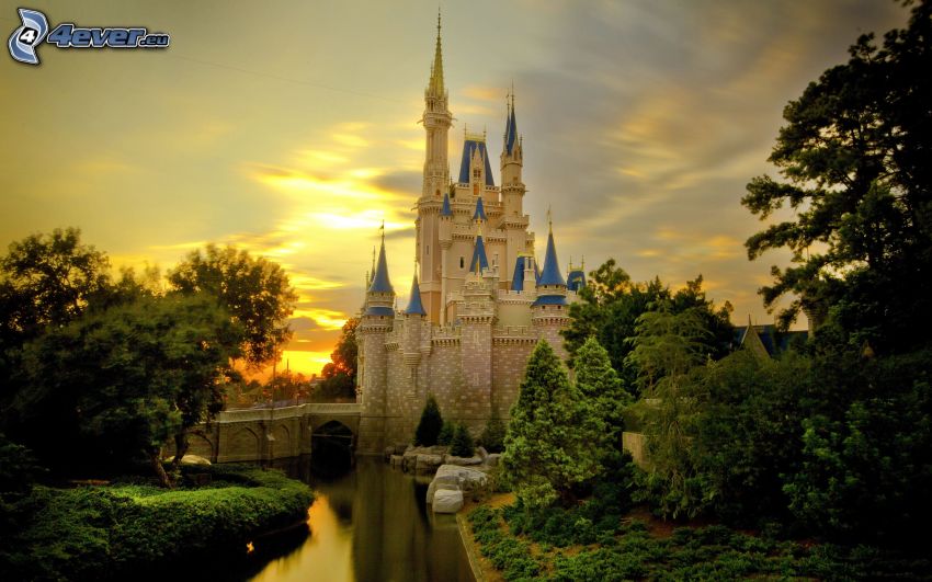 château, Disney, coucher du soleil, arbres