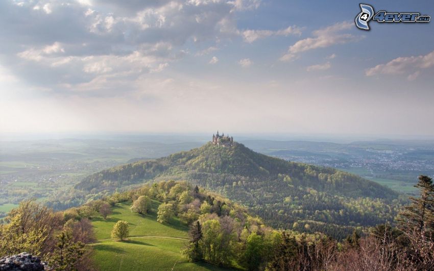 Hohenzollern, colline, château, Allemagne, rayons du soleil, vue sur le paysage
