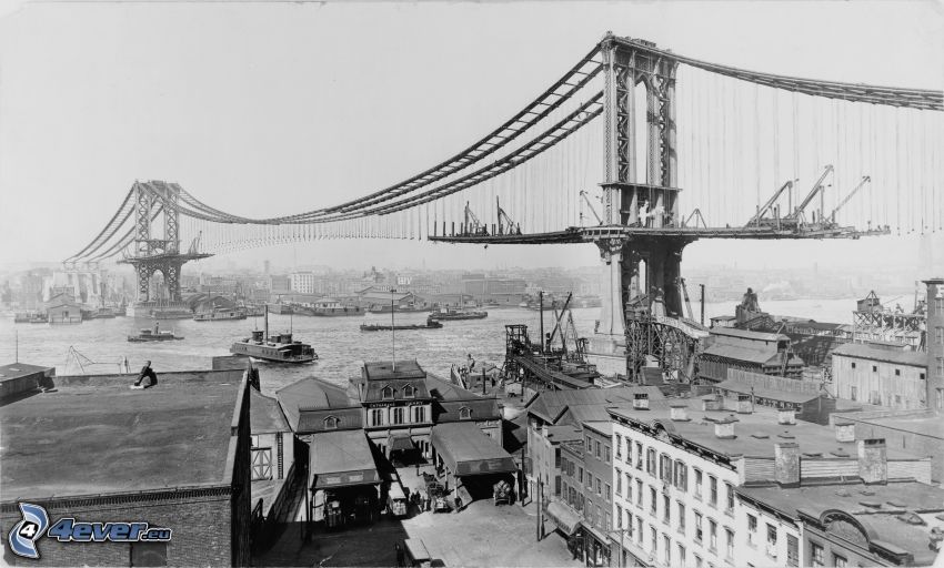 Manhattan Bridge, conctruction, vieille photographie
