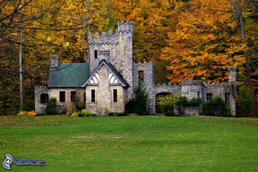 Squire's Castle, forêt d'automne, pelouse
