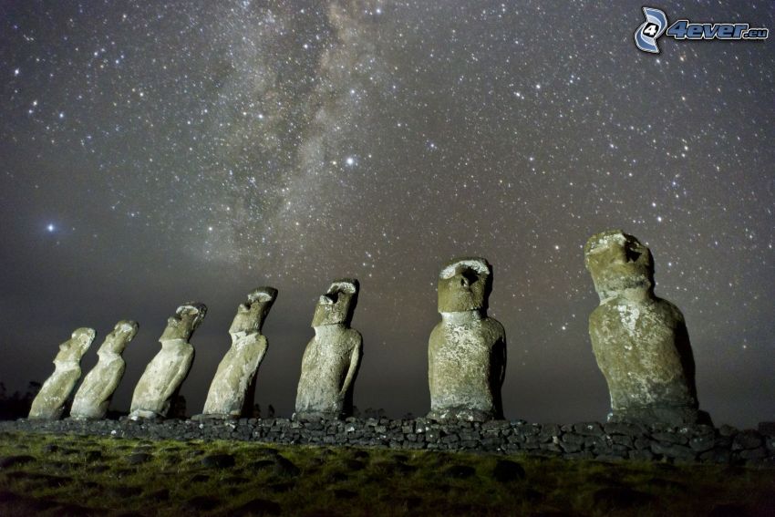 statues Moai, Île de pâques, ciel étoilé, ciel de la nuit