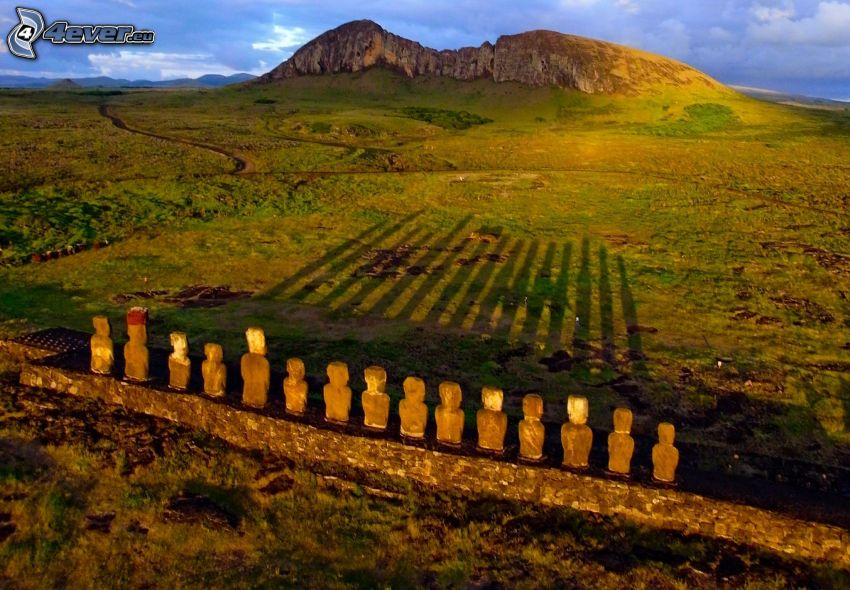 statues Moai, ombres, prairie, Île de pâques