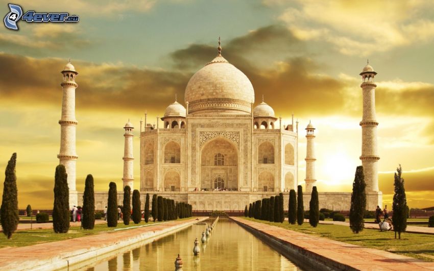Taj Mahal, eau, coucher du soleil