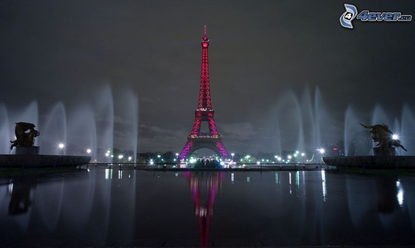 Tour Eiffel illuminée, fontaines, reflexion, nuit