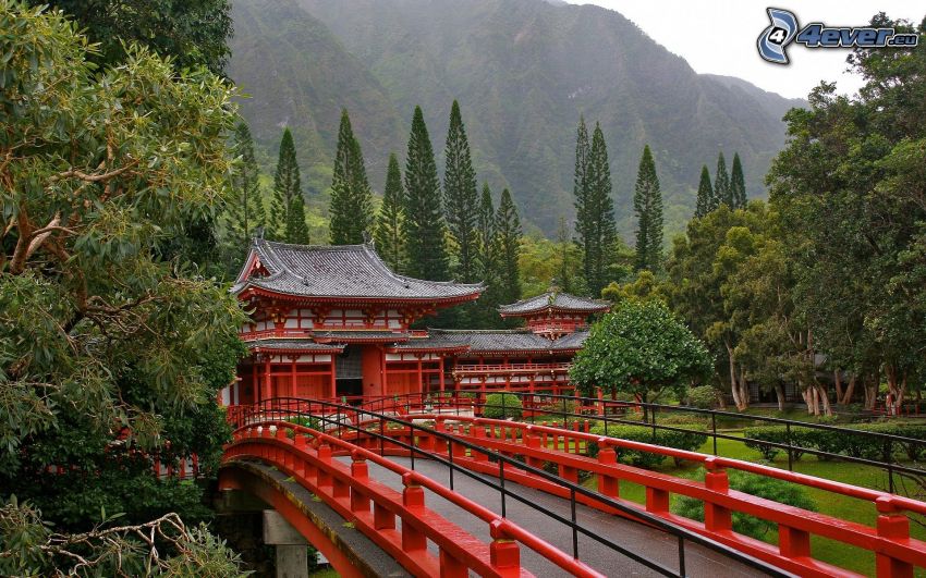 Maison japonaise, pont piétonnier, colline, arbres