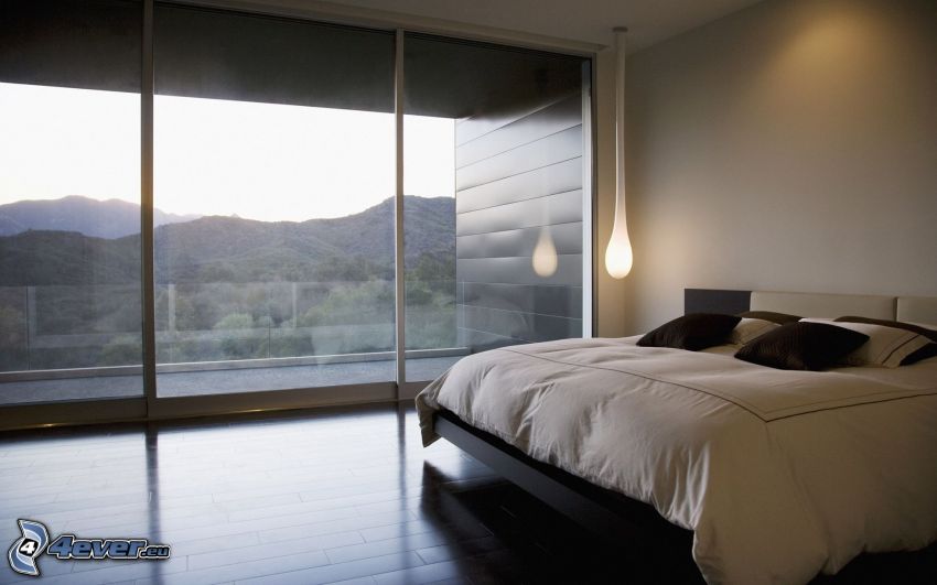 chambre à coucher, grand lit, fenêtre, vue sur le paysage
