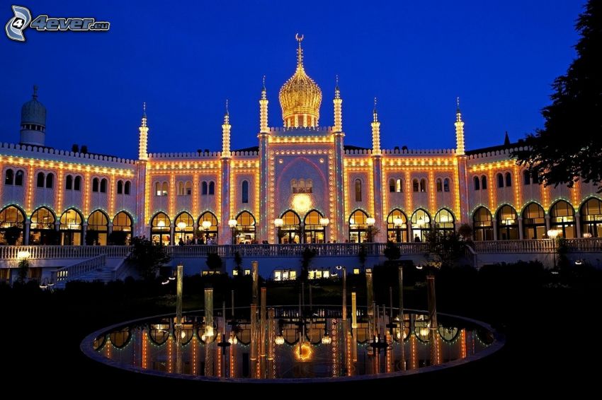 hotel, Danemark, fontaine, soirée, éclairage