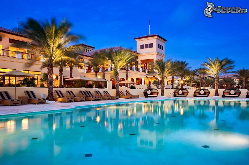 maison de luxe, piscine, palmiers