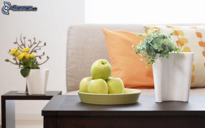 salle de séjour, pommes vertes, fleurs, canapé
