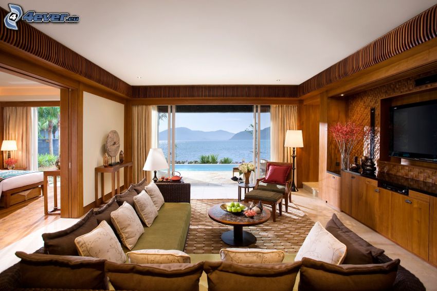 salle de séjour de lux, canapé, vue sur la mer