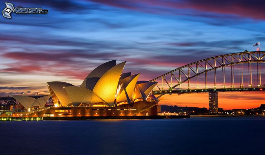 Sydney Opera House, Sydney Harbour Bridge, ciel du soir, ville de nuit