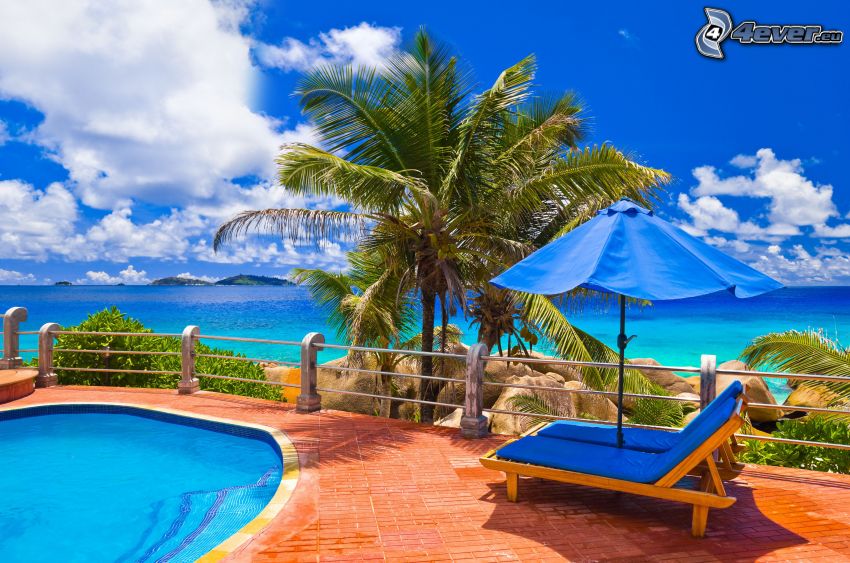 terrasse, piscine, lits, palmiers, vue sur la mer