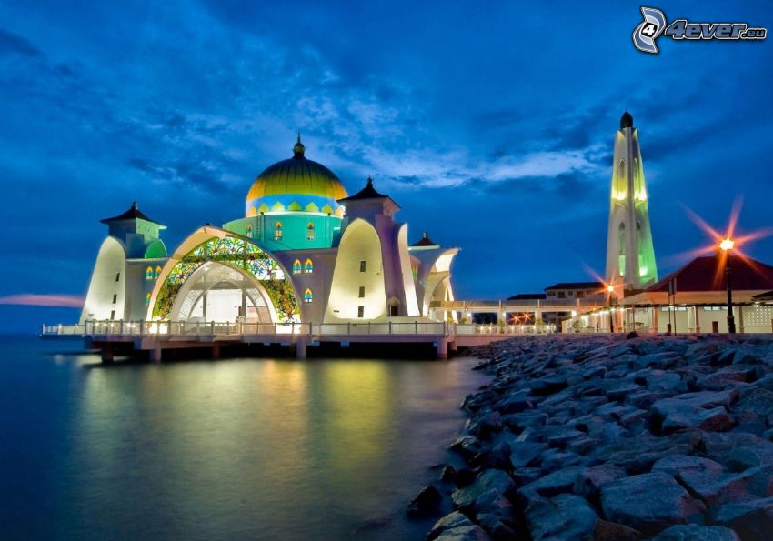 mosquée, soirée, éclairage, eau