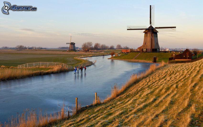 moulin, Pays-Bas, riviere gelée