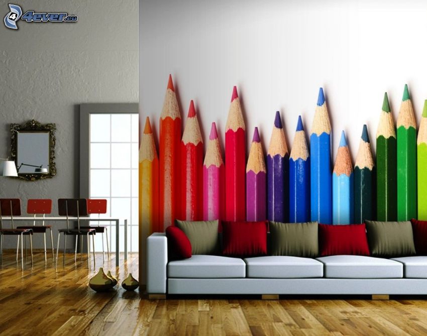 papier peint, crayons colorés, canapé, salle de séjour