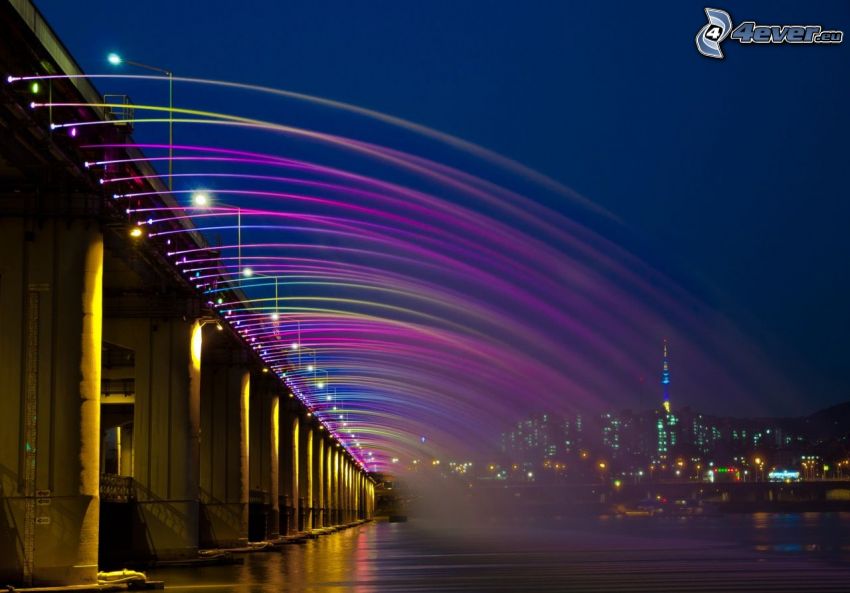 Banpo Bridge, pont illuminé, ville dans la nuit, couleurs