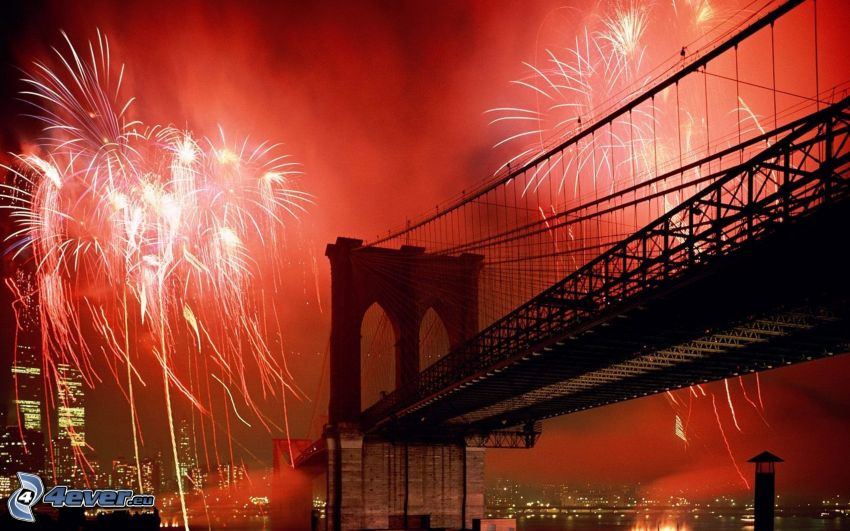 Brooklyn Bridge, New York, feux d'artifice, Nouvel an