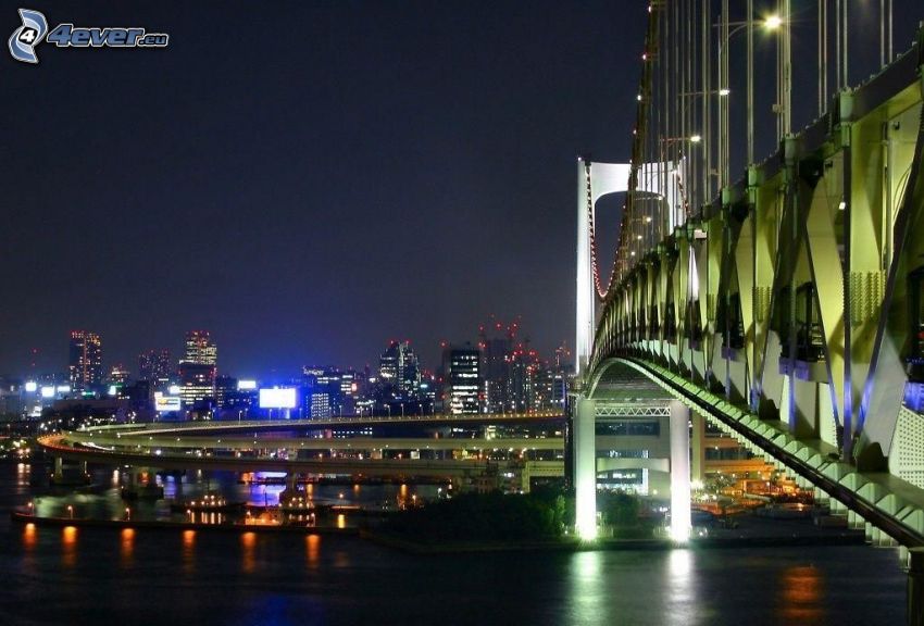 pont, Shanghai, nuit, rivière, ville dans la nuit