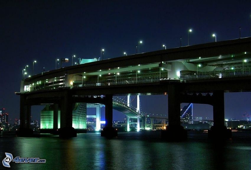 pont, Singapour, nuit, lampadaires