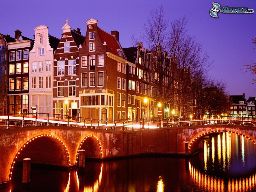 Amsterdam, fossé, maisons, pont illuminé, ville de nuit