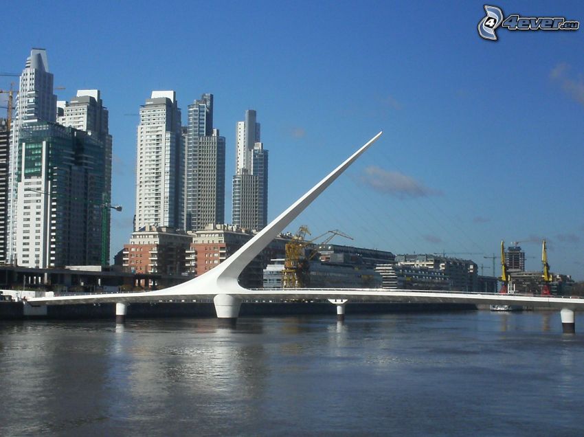 Argentine, pont modern, gratte-ciel, rivière