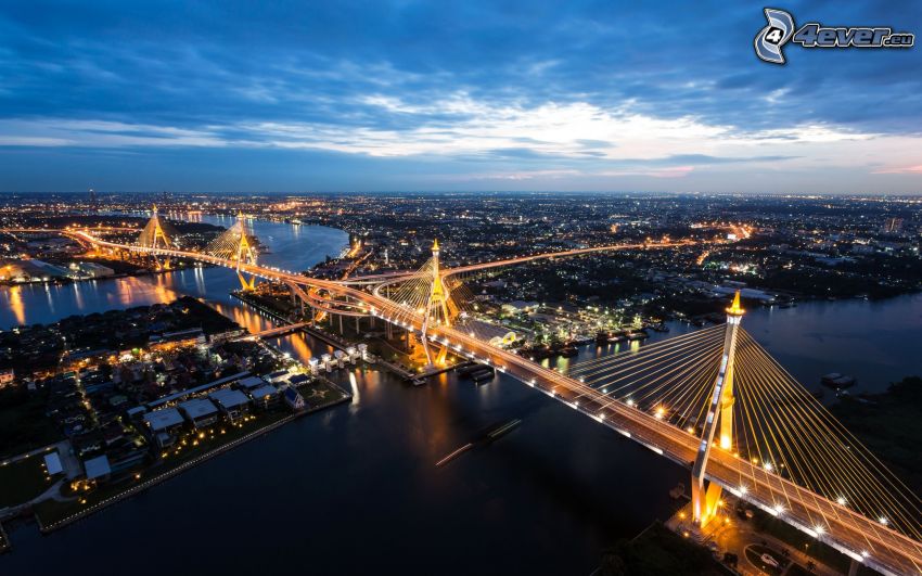Bangkok, pont, ville de nuit