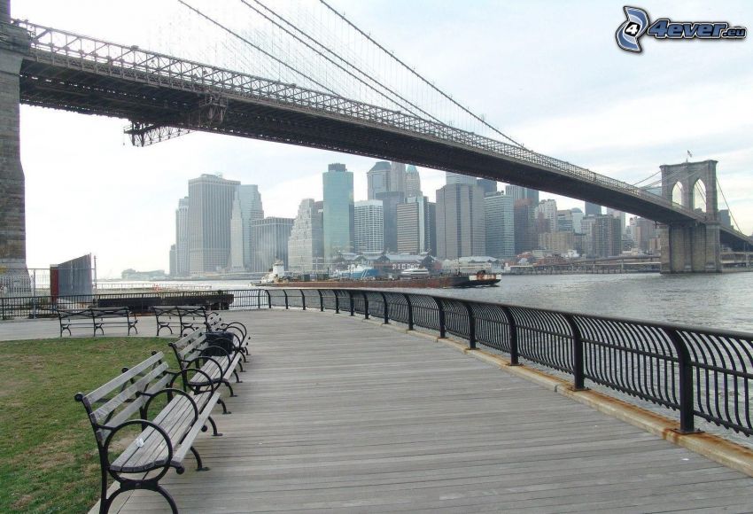 Brooklyn Bridge, pont, bancs, New York