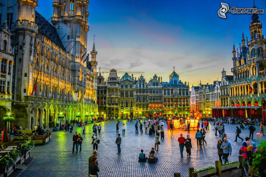 Bruxelles, Belgique, place, ville de nuit, gens, éclairage