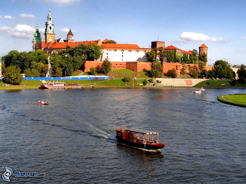 Château de Wawel, Cracovie, rivière, navires