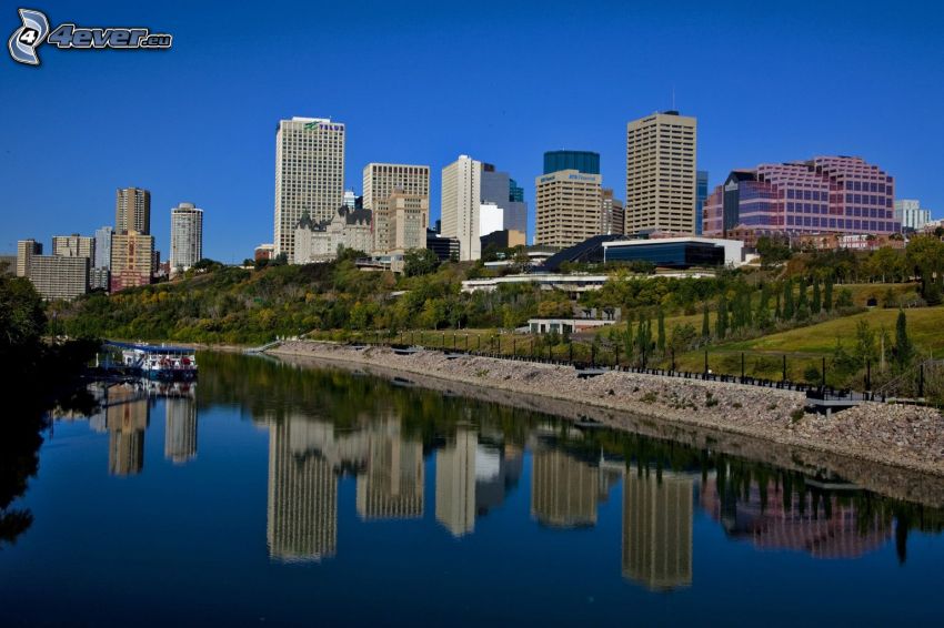 Edmonton, gratte-ciel, rivière, reflexion