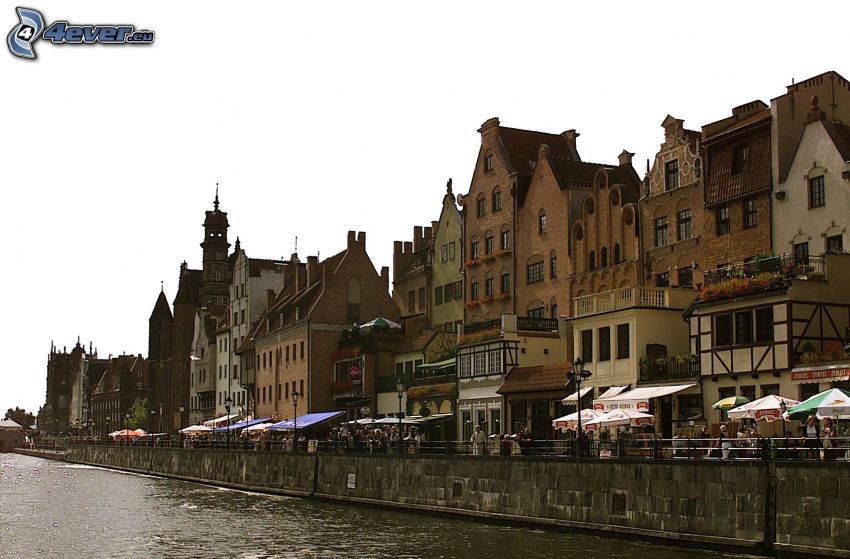 Gdańsk, Pologne, maisons, rivière