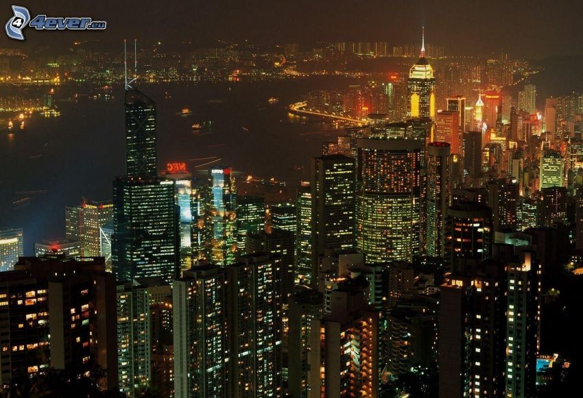 Hong Kong, ville dans la nuit, gratte-ciel