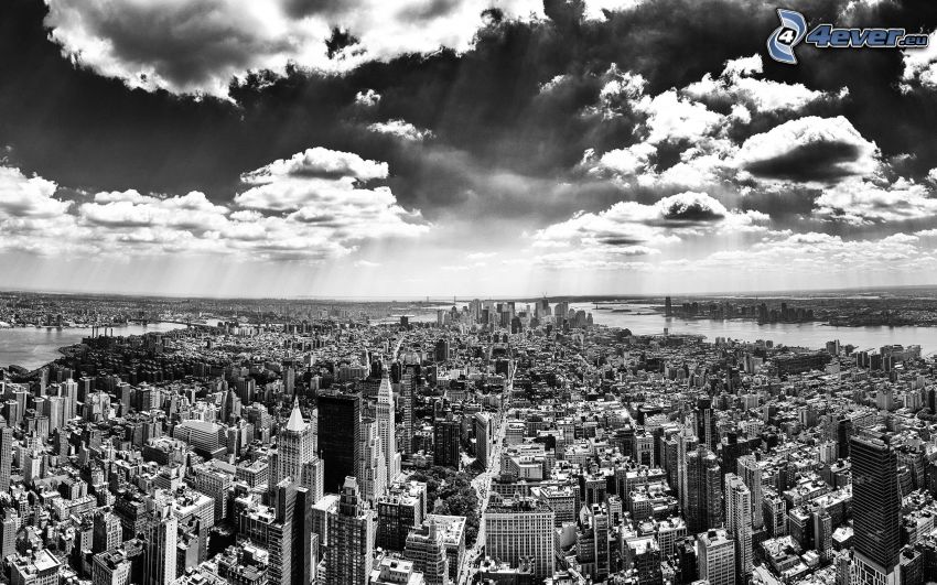 Manhattan, New York, nuages, noir et blanc