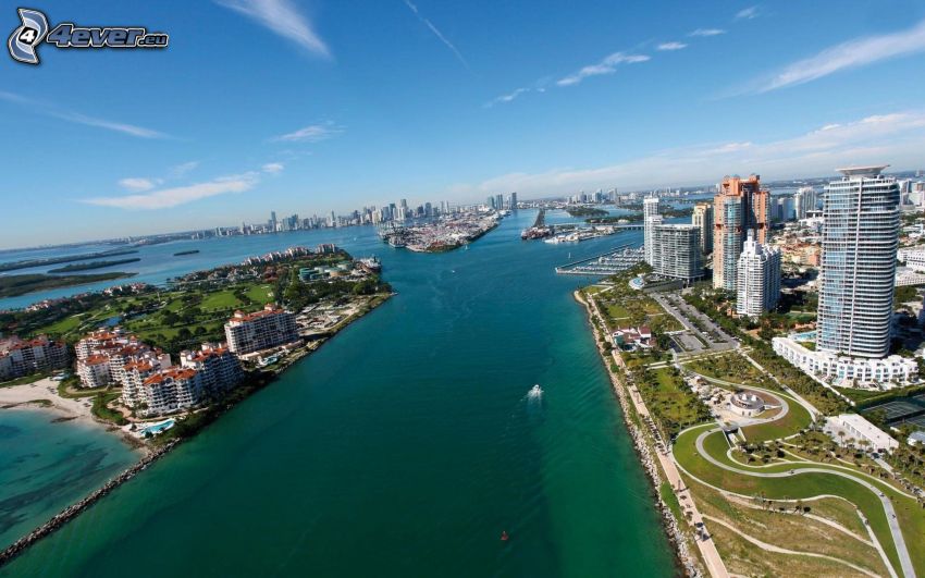 Miami, Florida, mer, gratte-ciel, maisons