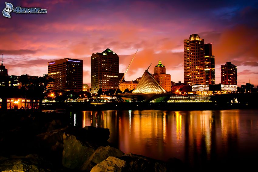 Milwaukee, ville dans la nuit, Milwaukee Art Museum, mer, reflexion