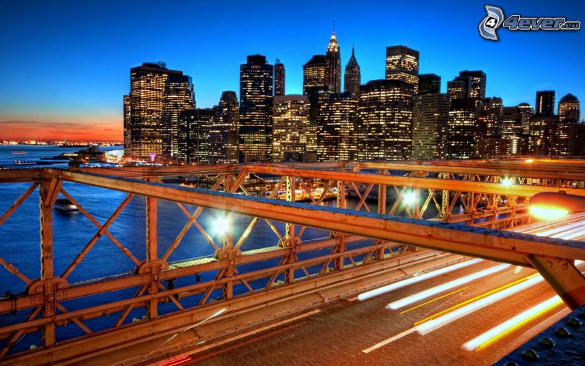 New York, USA, gratte-ciel, pont, soirée, coucher du soleil