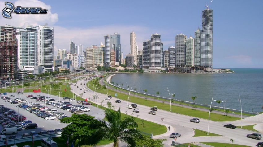 Panama, côte, route, gratte-ciel
