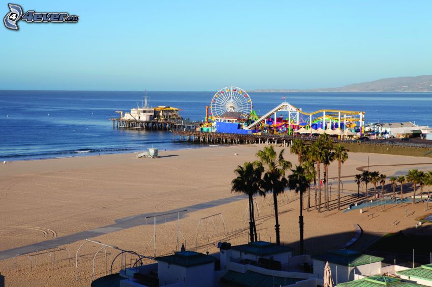 parc d'attractions, Grande roue, ouvert mer, plage de sable, Santa Monica
