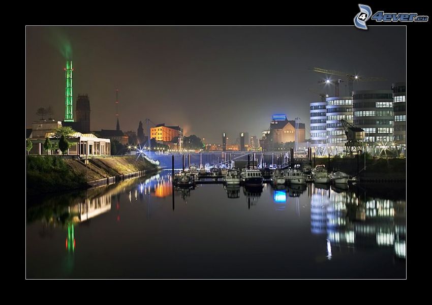 port, bateaux, bâtiments, ville, soirée, éclairage