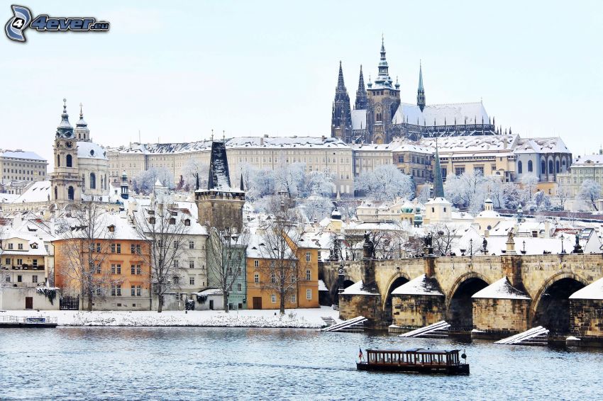 Prague, Château de Prague, Pont Charles, Vltava, neige