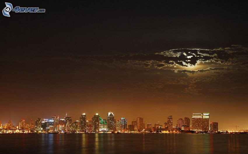 San Diego, gratte-ciel, ville dans la nuit, lune