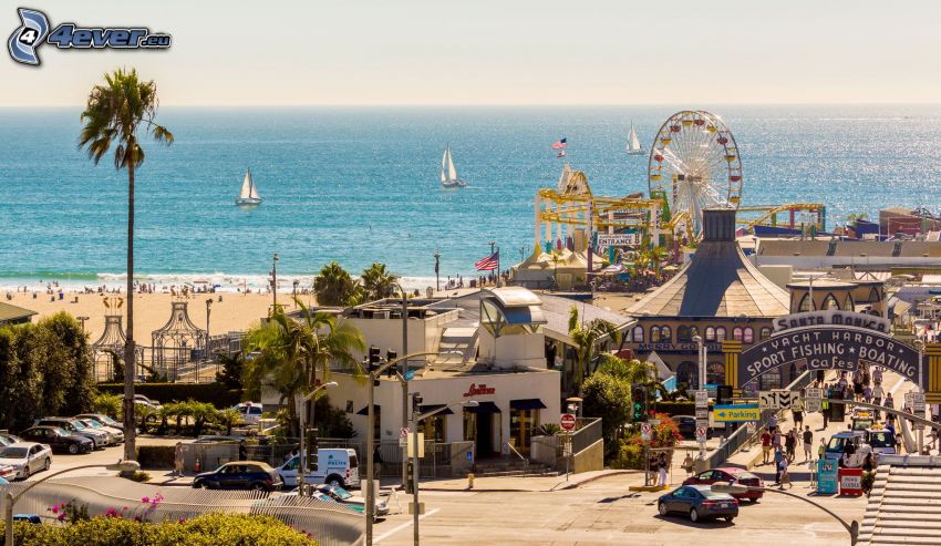 Santa Monica, parc d'attractions, Grande roue, ouvert mer
