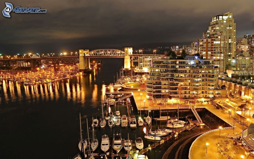 Vancouver, port yacht, rivière, ville dans la nuit, bâtiments, pont, éclairage