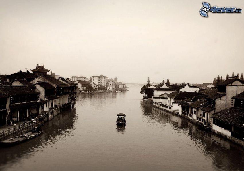 Venise, rivière, maisons, bateau, noir et blanc