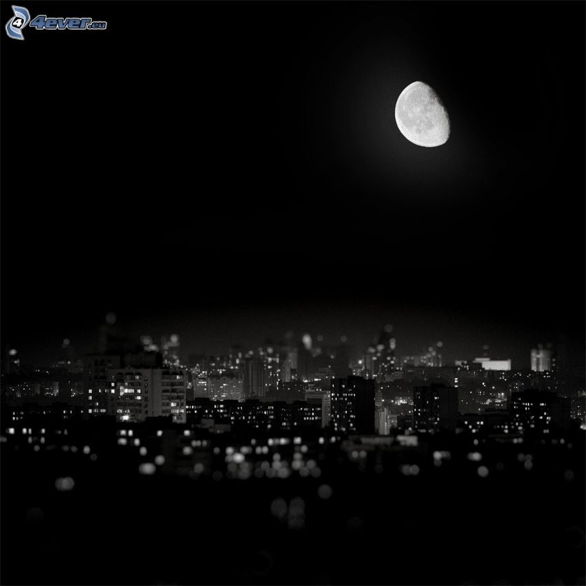 ville dans la nuit, Lune, noir et blanc