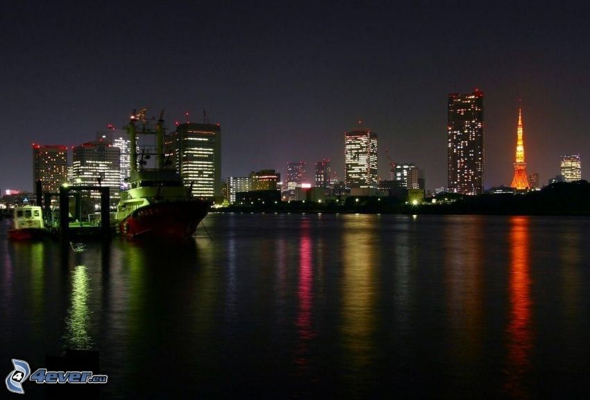 ville dans la nuit, rivière, navire, Tokyo, Tokyo Tower