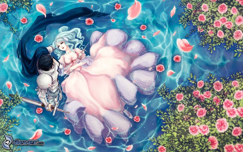 anime couple, lac, roses roses