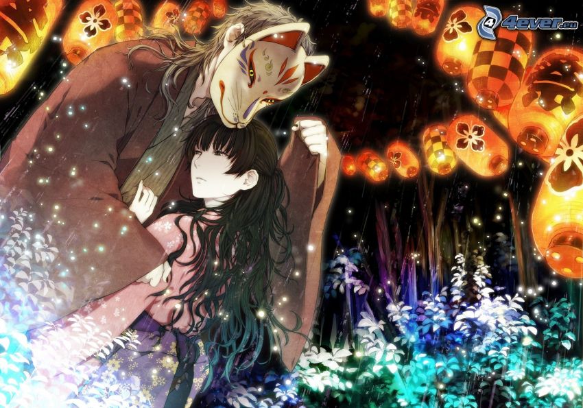 anime couple, masque, lanterne